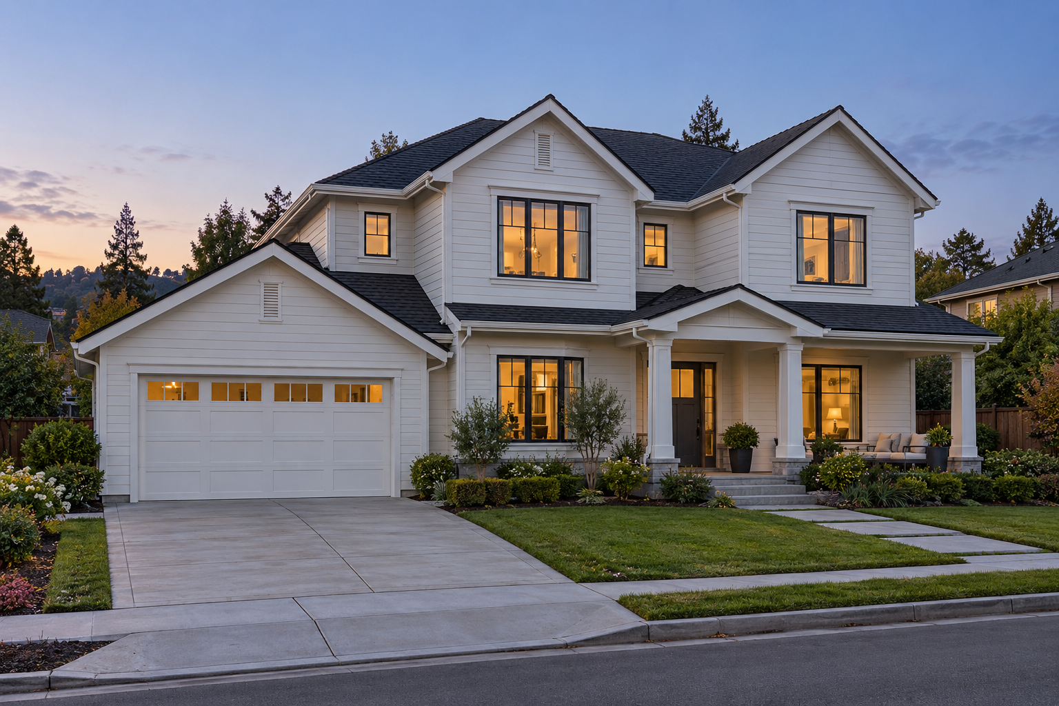 San Mateo style traditional home with a garage and front porch